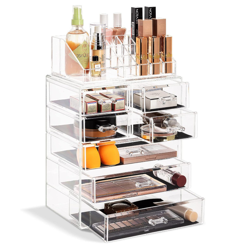 Caja de maquillaje tipo cajón transfronterizo escritorio acrílico transparente estante cosméticos cuidado de la piel caja de tocador