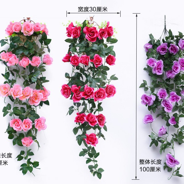 Artificial Rosa vid flor artificial ratán pared colgante pared decoración flor vid plástico cesta Planta artificial sala de estar