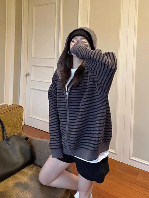 韩版休闲温柔风撞色条纹连帽针织开衫女秋冬新款宽松上衣毛衣外套|undefined