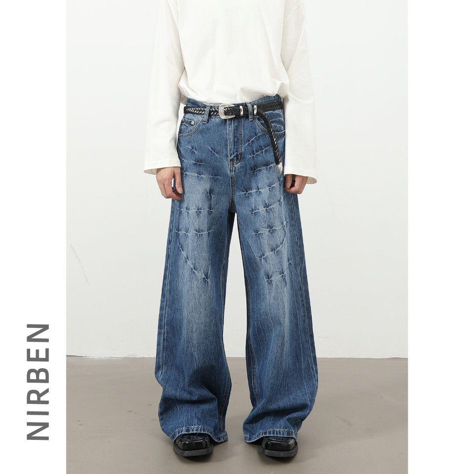 Quần jeans nam dáng rộng ống thẳng họa tiết sét chất liệu washed phong cách đường phố — màu xanh, màu xám đen