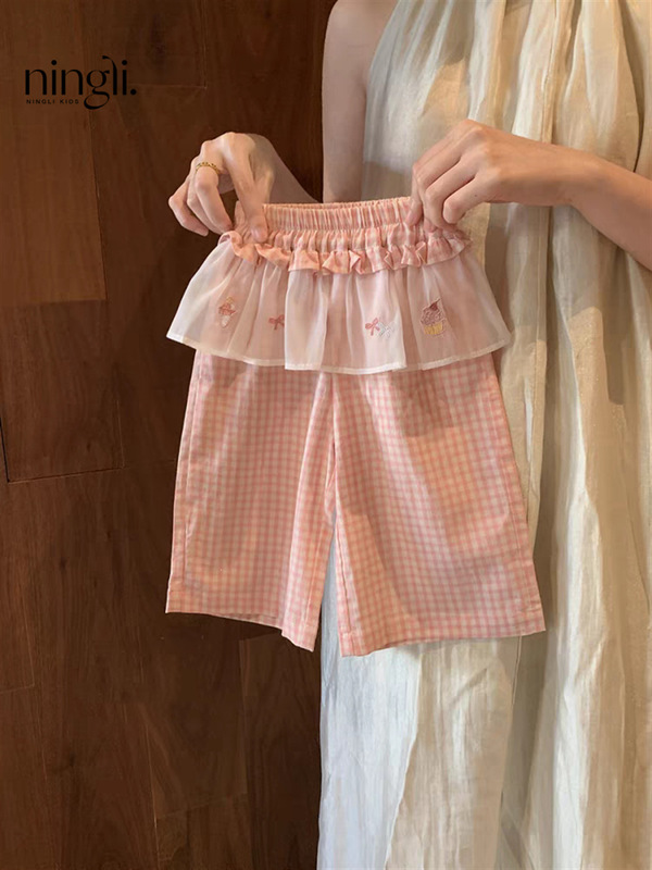 Ningli 女の子のファッショナブルで甘いスーツ夏 2025 新しいスタイルの小さな女の子ベビー半袖ワイドレッグパンツ 2 点セットトレンディ|undefined