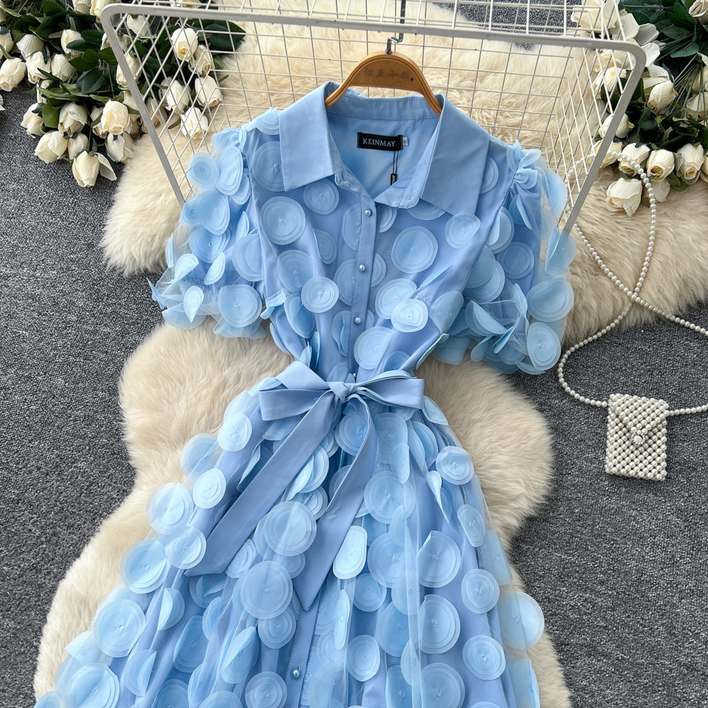 Elegant French Style Lace Dress for Women Summer Short Sleeve A-Line Skirt Tie Waist Sophisticated Lapel_ecoleips.com