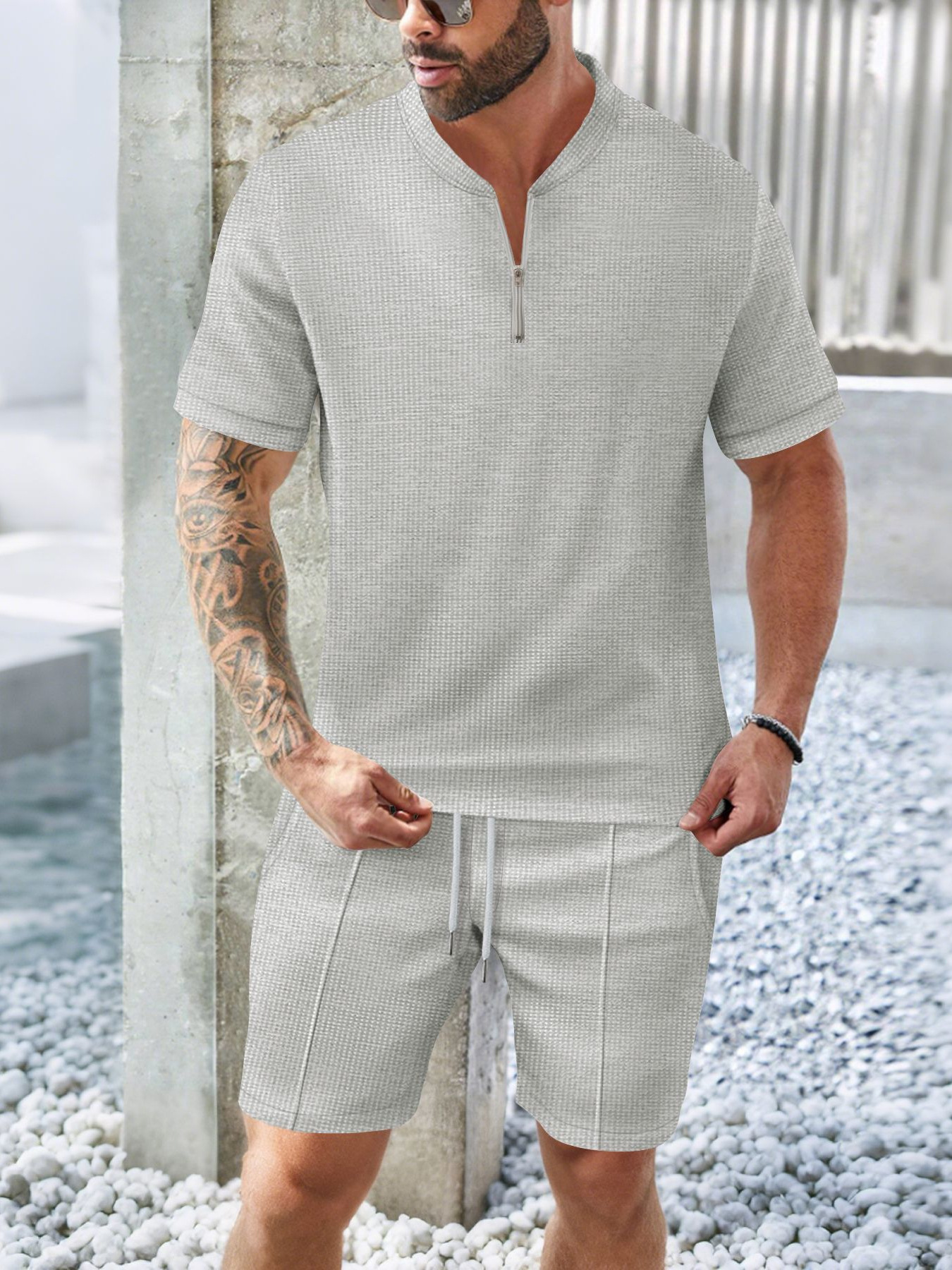 Men's Waffle Stand Collar Zip Set Casual Breathable Short Sleeve_voghion.com