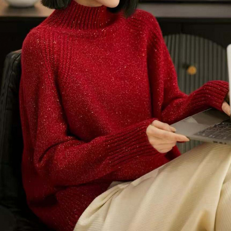 2024 Autumn and Winter New Korean Style Gold-plated Wild Rose Gold Bean Yarn Knitted Shirt New Year Red Turtleneck Sweater Top for Women 2024 Autumn and Winter New Korean Style Gold-plated Wild Rose Gold Bean Yarn Knitted Shirt New Year Red Turtleneck Sweater Top for Women