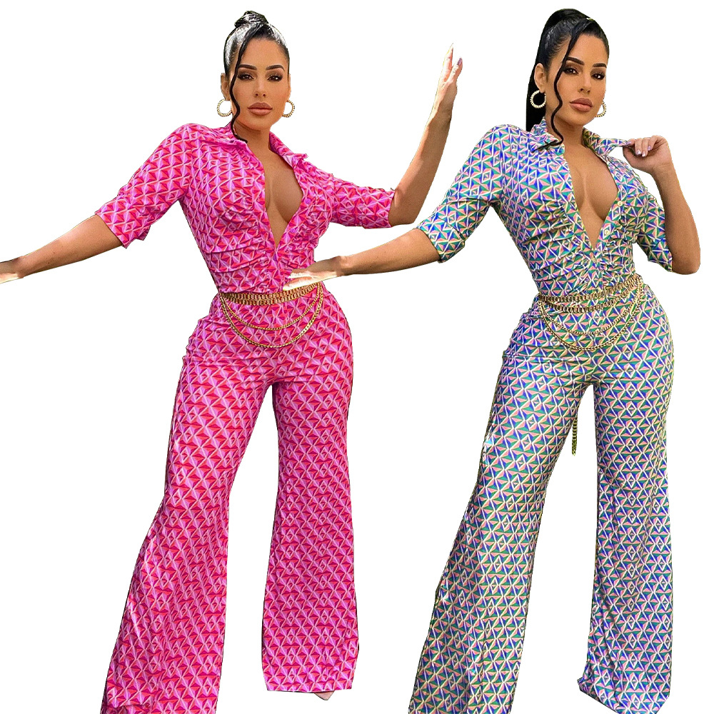 K10140ebay AliExpress 2022 Transfronteriza Popular de solapa de pierna ancha pantalones europeos y americanos Sexy Slim impreso mono