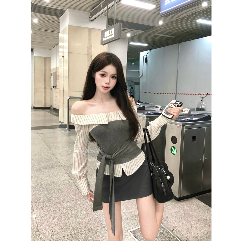 法式镂空温柔风绑带拼接一字肩长袖衬衫女撞色条纹设计一字肩上衣|undefined