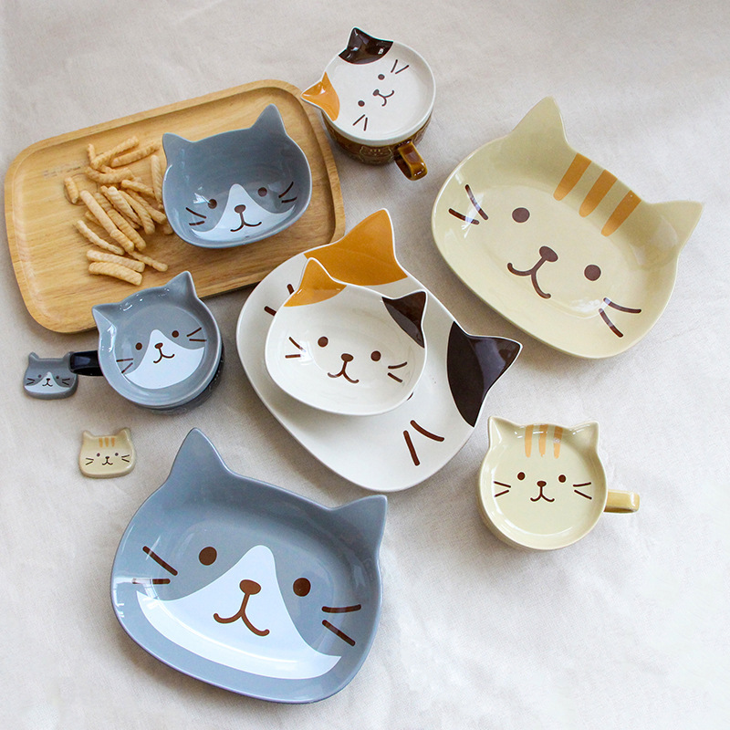 Japanese Style Cartoon Ceramic Tableware Cute Cat Household Bowl and Plate Breakfast snack Plate Salad Bowl Children's Dinner Plate Rice Bowl
