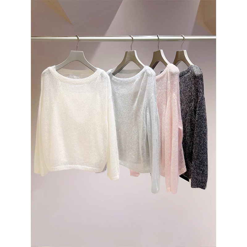 WZFS24065 Autumn Japanese New Solid Color Perspective Shoulder Collar Wool Mohair Knitwear Cross Border