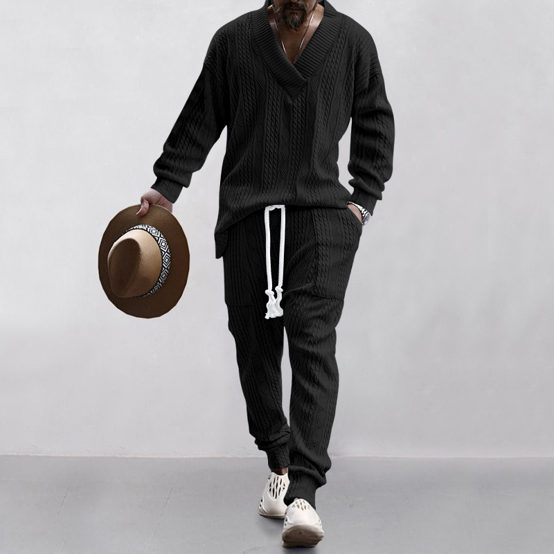 2026 estación independiente transfronteriza Europa y América ropa de hombre primavera y otoño conjunto de pantalones casuales de cuello en V jersey jacquard universal