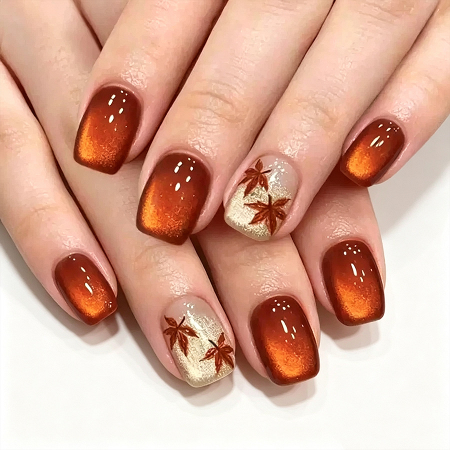 Short Glossy Square Nails, European and American Cross-Border Foreign Trade Autumn and Winter Style, Red-Brown Cat-Eye Maple Leaf Thanksgiving Press-On Nails, 24 Pieces