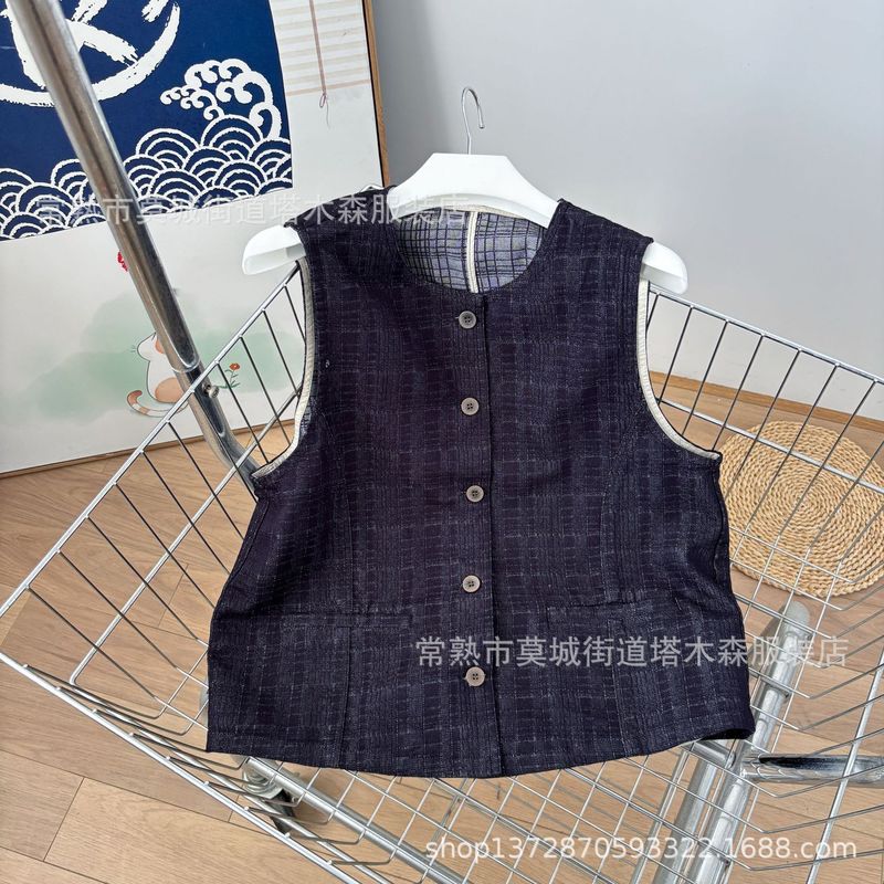 色织牛仔格子坎肩宽松日系秋复古暗格纹·香风宽松叠穿牛仔马甲|undefined