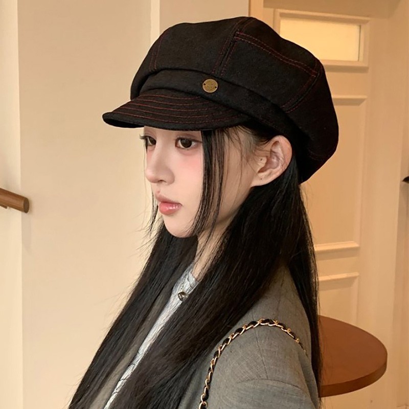 韩版时尚金属标牛仔贝雷帽子女春夏复古画家南瓜帽显脸小八角帽子|undefined