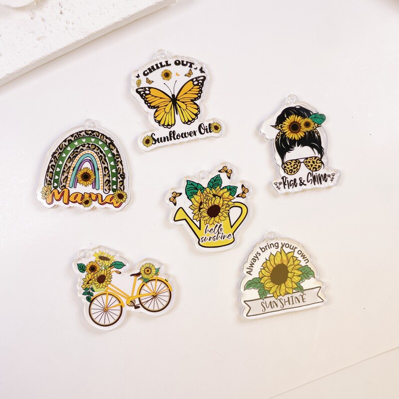 Acrylic double-sided cross-border sunflower small bee butterfly bicycle jewelry ear hook small pendant key chain DIY