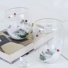 圣诞雪景双层透明玻璃水杯流沙无把蛋形玻璃杯咖啡果汁牛奶圣诞杯