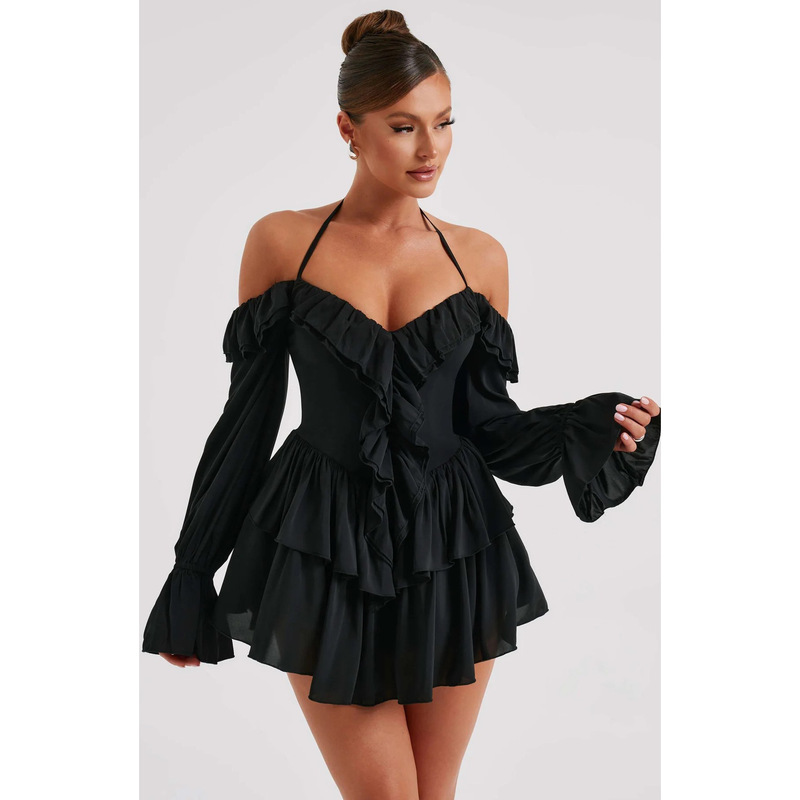 Amazon European and American AliExpress Cross-border Foreign Trade Women's dress Pleated Ruffled Horn Sleeve Low-cut Neck Amazon European and American AliExpress Cross-border Foreign Trade Women's dress Pleated Ruffled Horn Sleeve Low-cut Neck