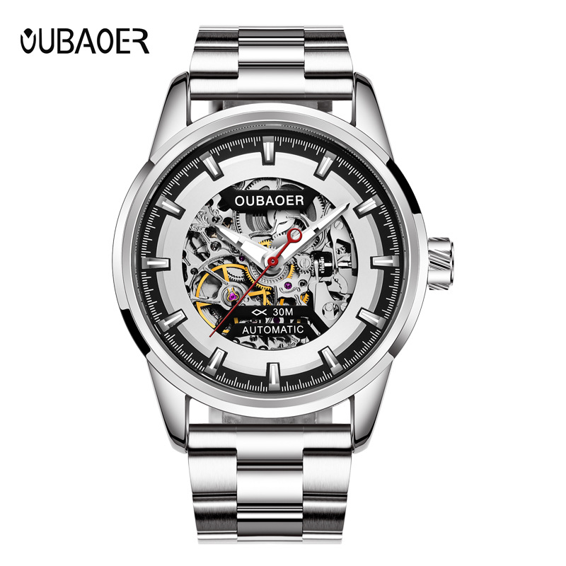 OUBAOER Opel OB2002C hombres reloj mecánico automático industria pesada diseño hueco reloj de acero inoxidable