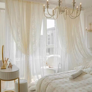 Light Luxury French Style Lace Curtain Light Transparent Window Screen Princess Style Double Gauze Curtain Partition Curtain for Living Room and Bedroom