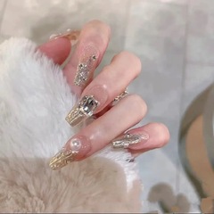 純手工穿戴甲片氣質清冷千金珍珠爆閃金屬魔鏡美甲批發穿戴式貼片