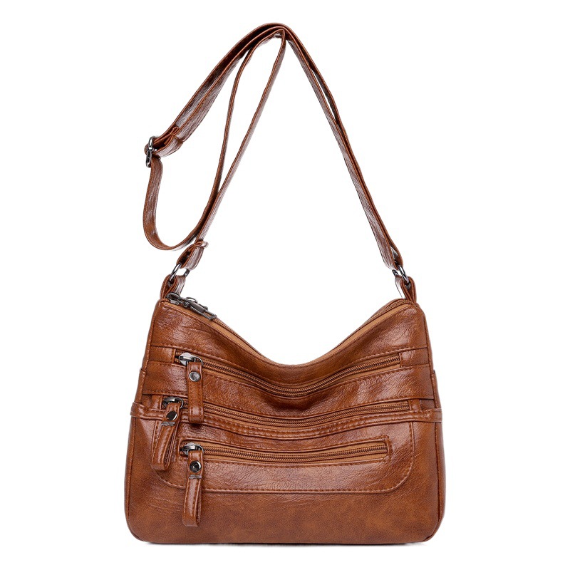 Bolso de hombro de mujer de cuero lavado de gran capacidad nueva mochila de mujer de múltiples capas de moda bolsa de mensajero de cuero suave simple ligero de moda