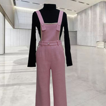 高端气质秋冬新款修身显瘦少女系粉色背带裤时尚休闲阔腿裤女