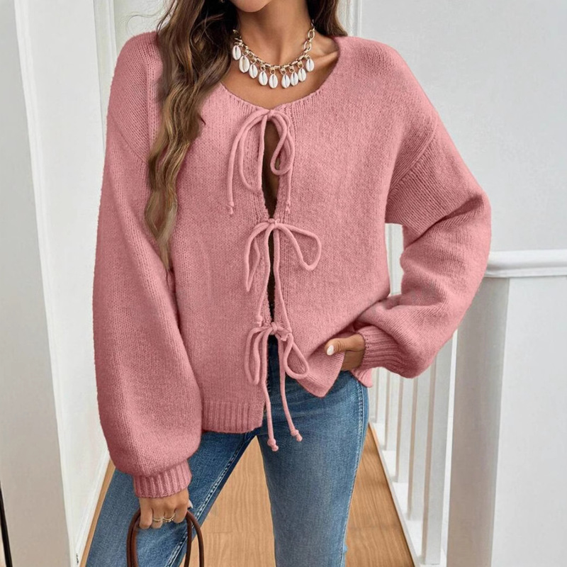 European and American Cross-Border 2026 Autumn and Winter Amazon European and American Clothing Autumn Women's Casual Loose Cardigan with Drawstring Solid Color Sweater