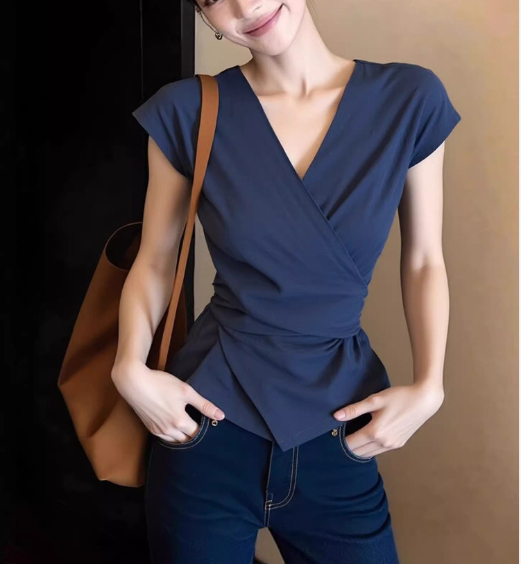 Áo sơ mi ngắn tay cổ chữ V kiểu Pháp thiết kế thắt lưng mới cho nữ — màu xanh đậm chi tiết 5