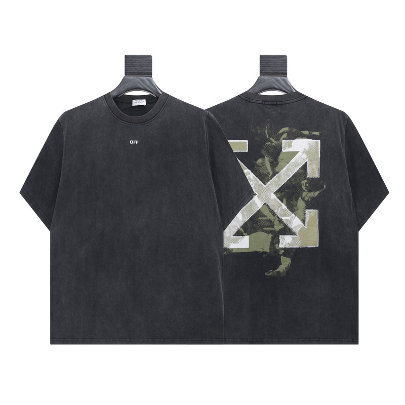 High Version Off-White Religious Oil Painting Series Cross Arrow Letter Print Washed Distressed Short-Sleeved T-Shirt High Version Off-White Religious Oil Painting Series Cross Arrow Letter Print Washed Distressed Short-Sleeved T-Shirt