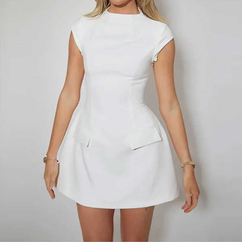 Ropa de mujer europea y americana 2025 primavera nuevo temperamento de Amazon elegante falda de cuello redondo de color sólido sin mangas vestido delgado image 3