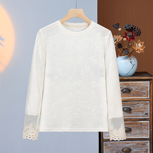 New Chinese Round Neck Woven Flower Lace Stitching Cuff Elastic Base Shirt Women's Spring and Autumn New Slimming Long-sleeved T-shirt
