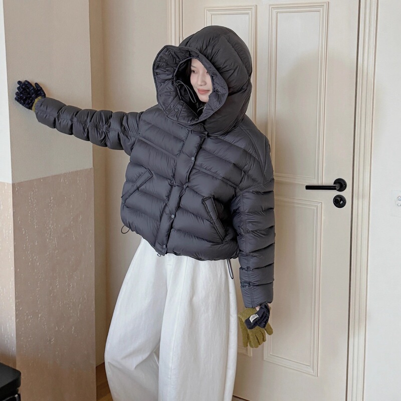 2025 Thickened Pea Puff White Duck down Hooded Rib down Jacket Women's Short Winter New Korean Style
