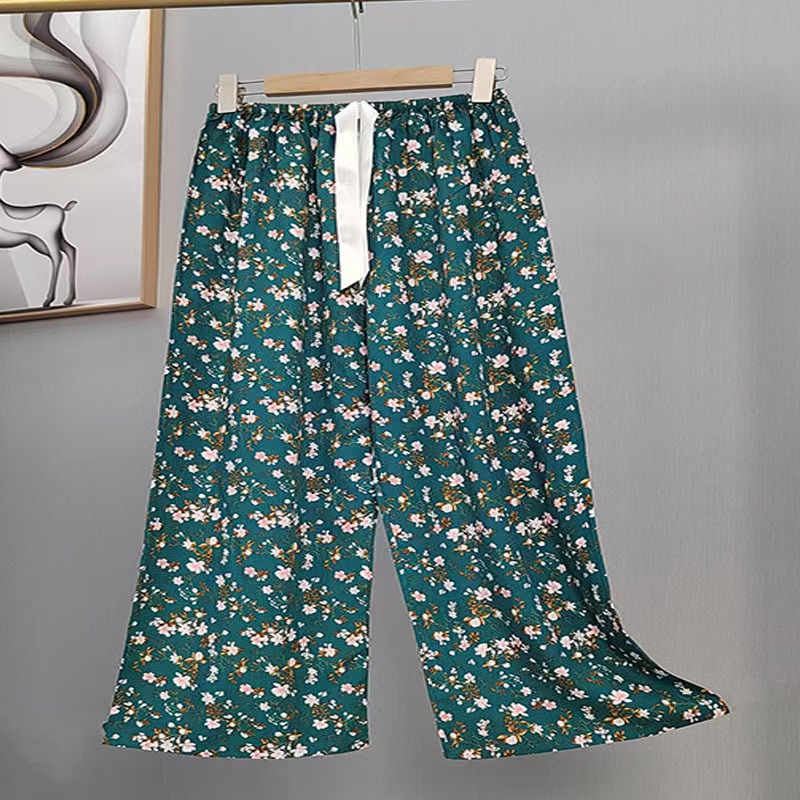 Pijama de seda de algodón para mujer, pantalones anchos de mujer embarazada de seda de algodón con estampado fino de verano