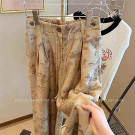 复古水墨印花直筒阔腿裤女春夏季新款大码新中式国风高腰拖地裤子