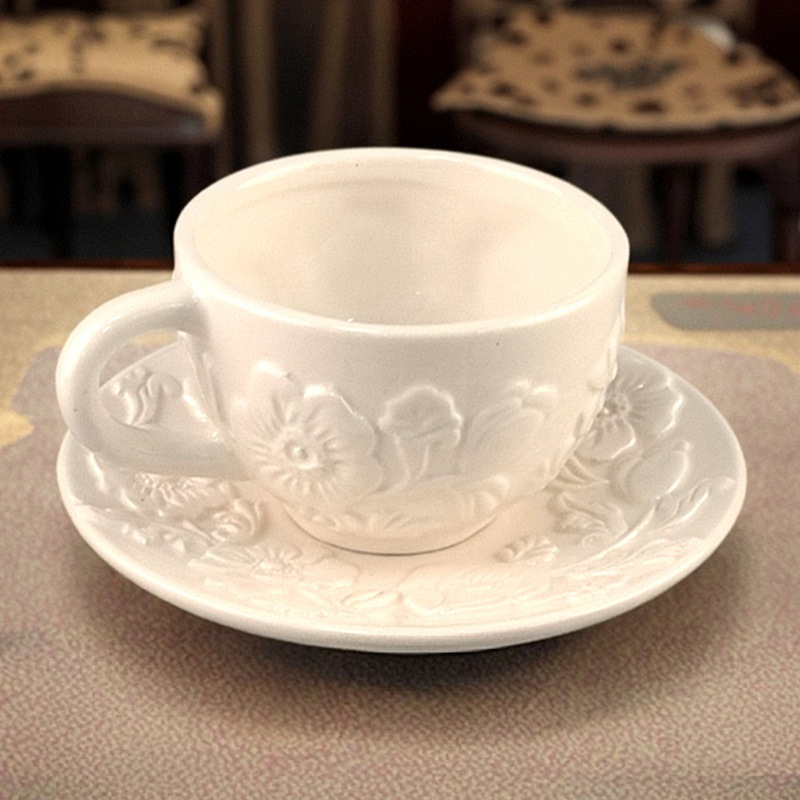 Retro Showa francés té de la tarde cerámica corte flor relieve taza de café plato taza de té DIY estilo europeo elegante