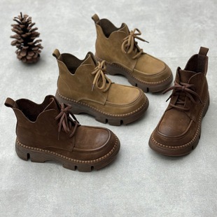 Foreign Trade Autumn and Winter New Handmade Genuine Leather Short Boots 25 Retro Literary Thick-Soled Round-Toe Lace-Up Casual Cowhide Women's Boots