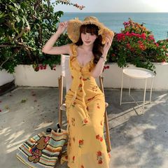 フランスの海辺のリゾート風の花のストラップのワンピースの女性の夏の超仙の高級感の魚の尾のロングスカート