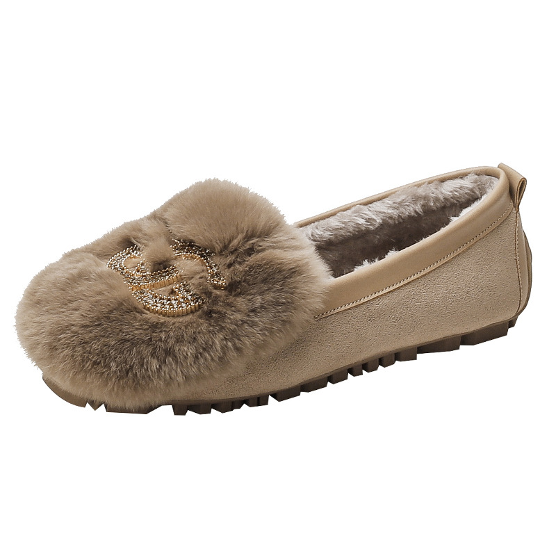 Mocasines Otoño e Invierno de las mujeres con forro polar 2023 nueva moda rhinestone hebilla Rex zapatos de piel de conejo desgaste exterior zapatos planos slip-on image 8