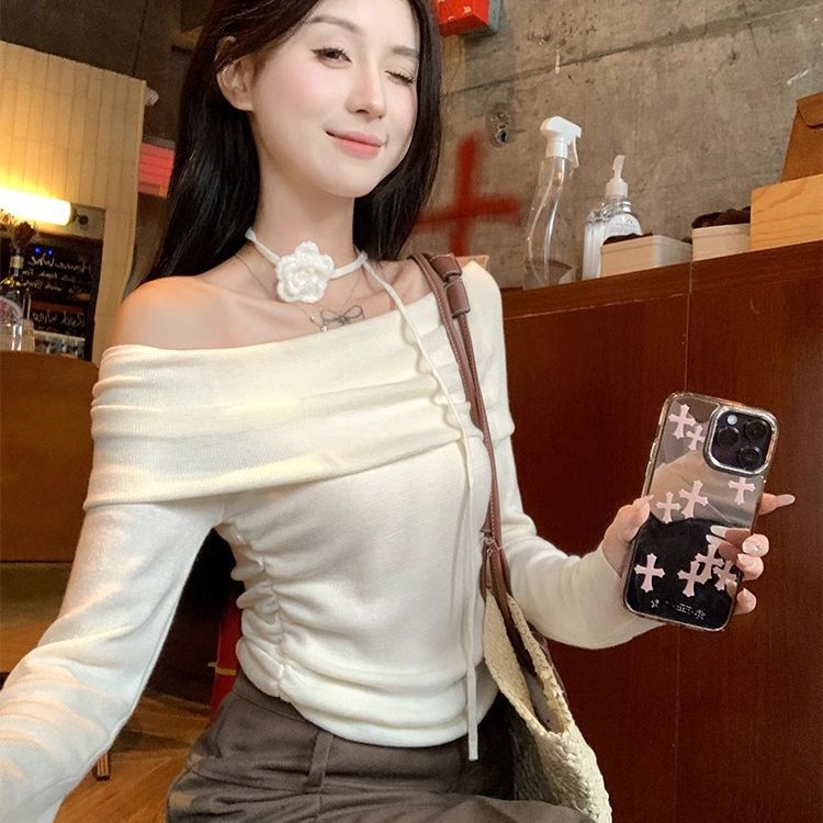 Women's off-shoulder waist long-sleeved sweater spring new rose lace-up design elastic thin pleated top Women's off-shoulder waist long-sleeved sweater spring new rose lace-up design elastic thin pleated top