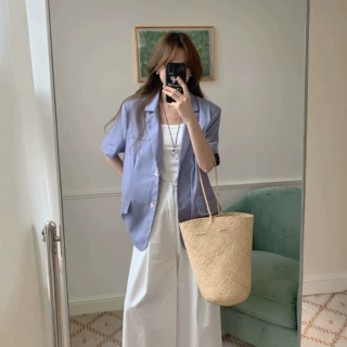 韩国女装薄款西装外套女复古气质宽松短袖西服
