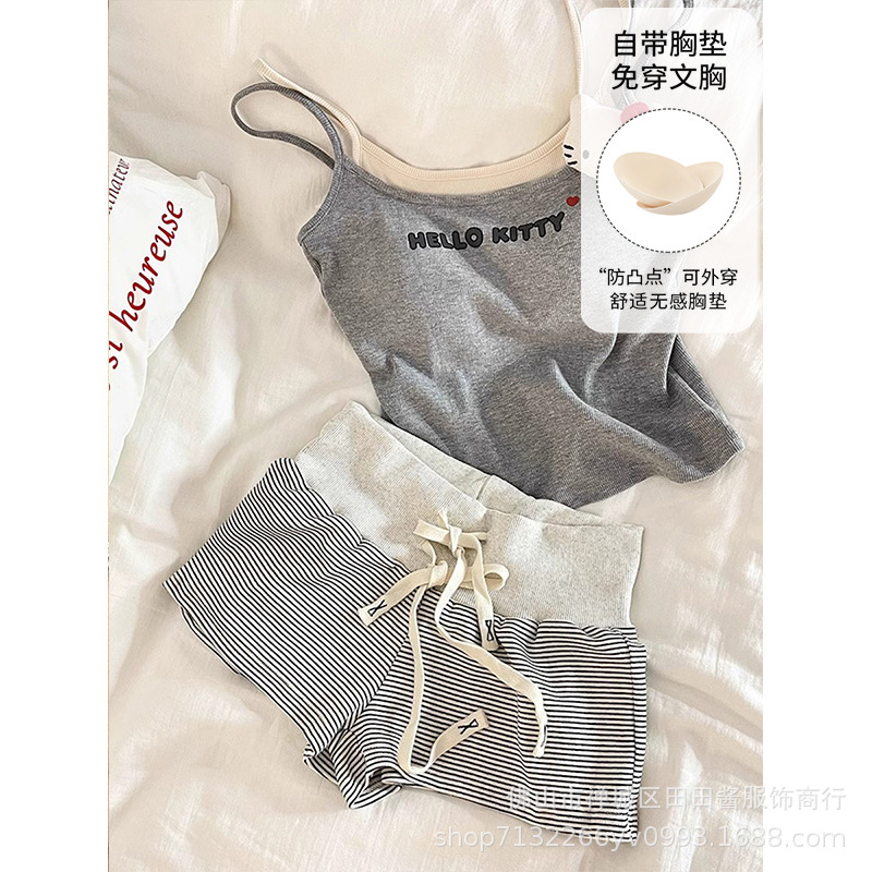 Cartoon Pajamas with Breast Pads for Women Summer New Sweet Hot Girl Suspender Shorts Home Wear Suit Girly Style