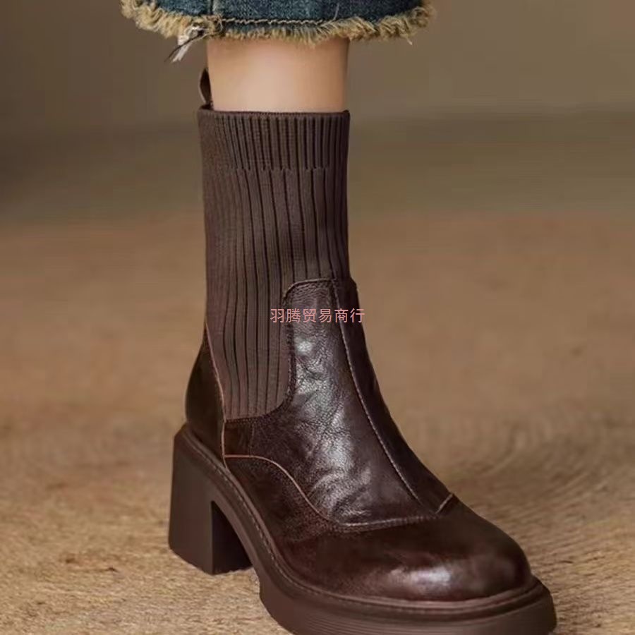 真皮拼接高跟粗跟英伦风新款春秋短靴厚底针织弹力百搭瘦瘦靴女男