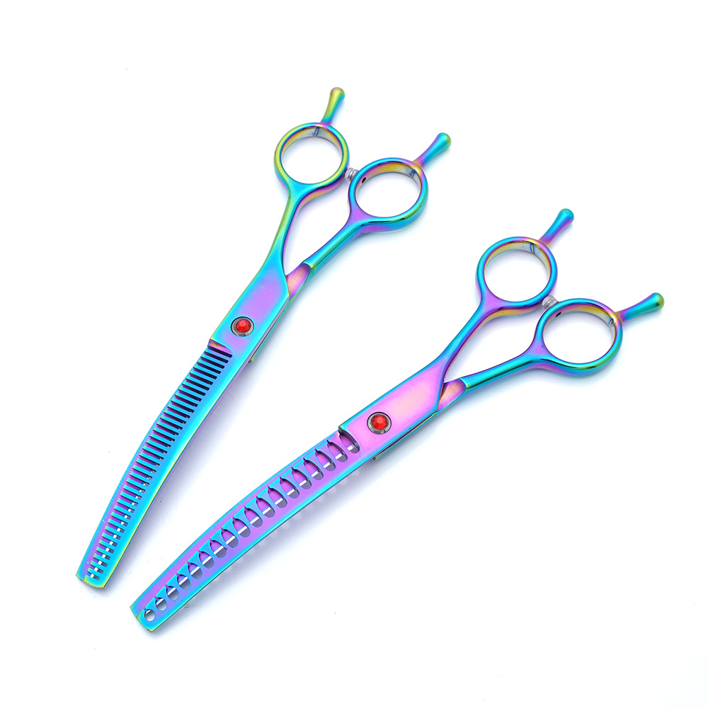 Tijeras de peluquería para mascotas de color de 7.0 pulgadas Tijeras para doblar huesos de pescado Tijeras de dientes dobladas Tijeras de adelgazamiento Tijeras de corte de pelo Tijeras de aseo para mascotas