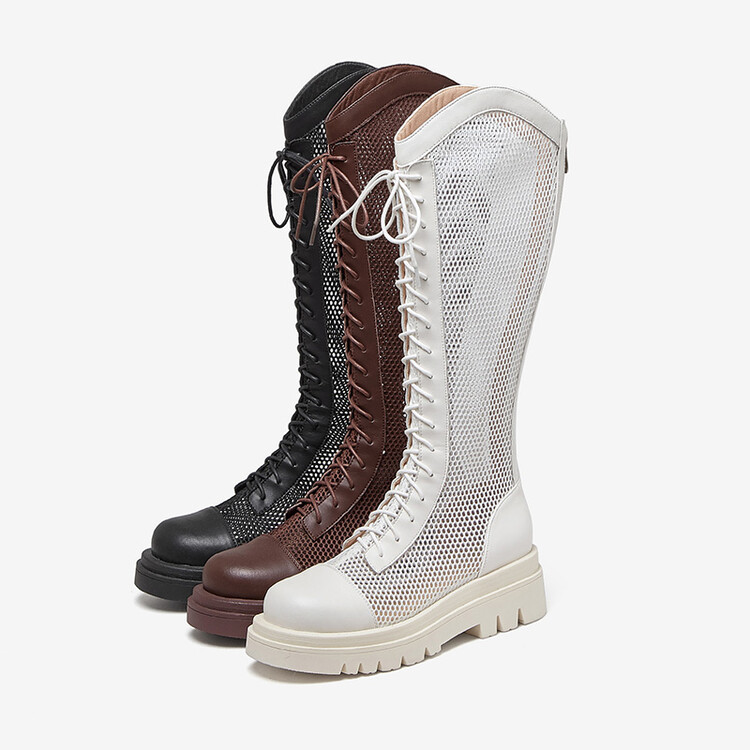 Boot lưới da thật cổ cao đế dày thoáng khí mùa xuân hè phong cách kỵ sĩ buộc dây — Màu nâu ống lớn, Màu đen cổ ống lớn, Ống nhỏ màu đen, Ống nhỏ màu be chi tiết 76