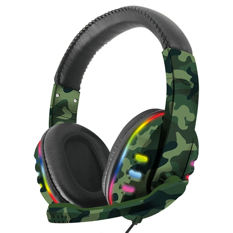 RGB светящиеся киберспортивные наушники для компьютера с кабелем, с микрофоном «микрофон-ветка», телескопические складные, PS4, камуфляж