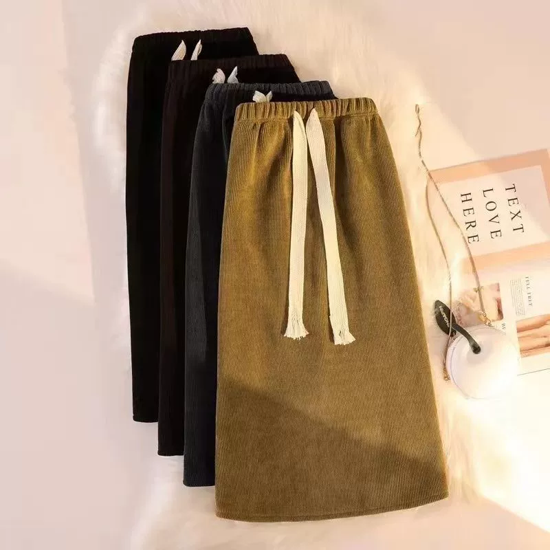 Вельветовая юбка для девочек осенняя и зимняя длинная бархатная полуюбка Студенческая прямая длинная юбка теплая бархатная юбка