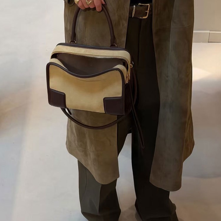 Luo Jia New Amazona Cowhide Handbag Suede Patchwork Crossbody Bag Large Capacity Genuine Leather Bowling Bag For Women