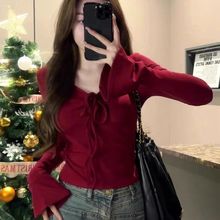 早秋酒红色领抽绳系带设计感恤秋冬修身打底衫喇叭袖正肩上衣女