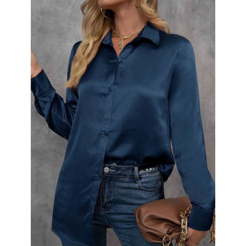 Camisa de manga larga de color de temperamento europeo y americano, nueva primavera y verano, camisa de seda suelta de imitación de color sólido, top de color de manga larga