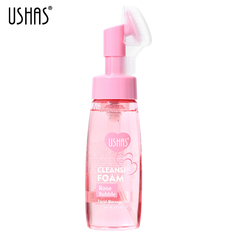 USHAS punto transfronterizo venta caliente rosa espuma limpiadora limpiador facial mousse limpieza profunda con cabezal de cepillo