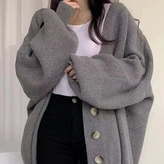 日韩新款秋冬季毛衣开衫女大码显瘦款宽松外套针织上衣慵懒风排扣