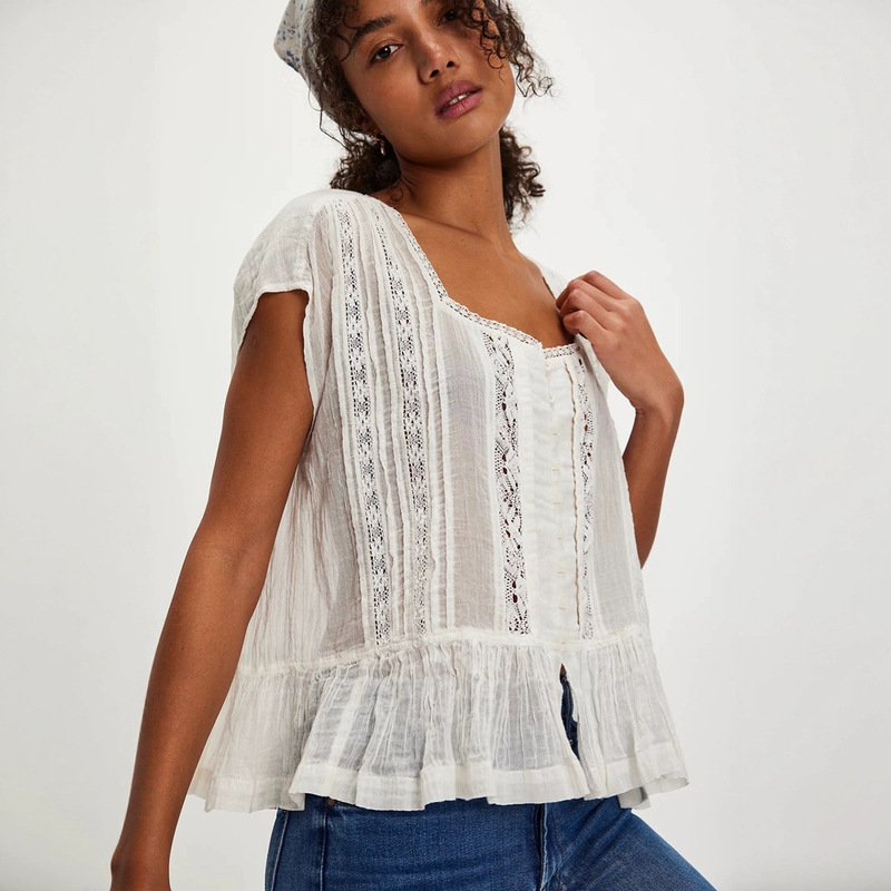 2025 Sweet and Fresh Babydoll Shirt, New Early Summer Product, Lace Splicing, Lightweight and Comfortable Women's Shirt